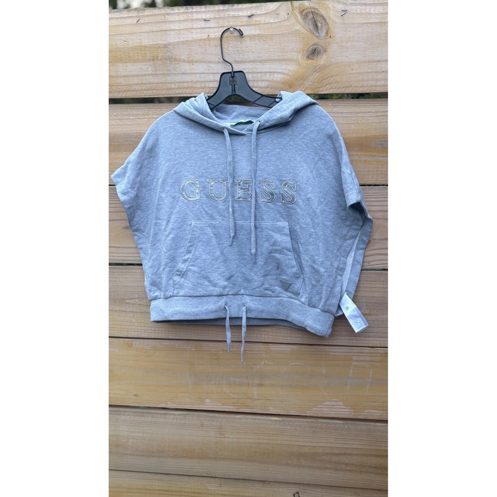 Guess Womens Grey Short Sleeve Cropped Hoodie Metallic Logo Size M 01GA00_B K681